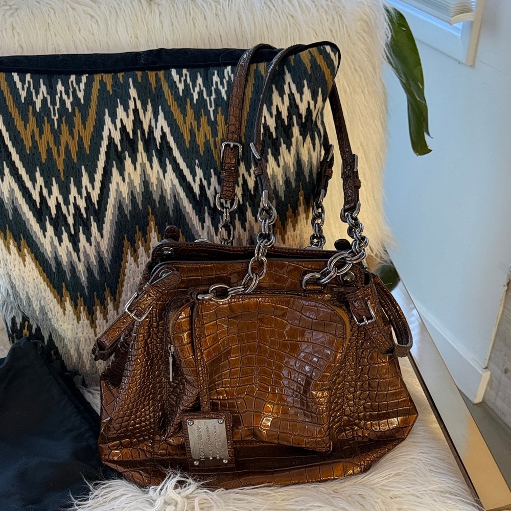 Dolce & Gabbana Brown Crocodile-Embossed Shoulder Bag